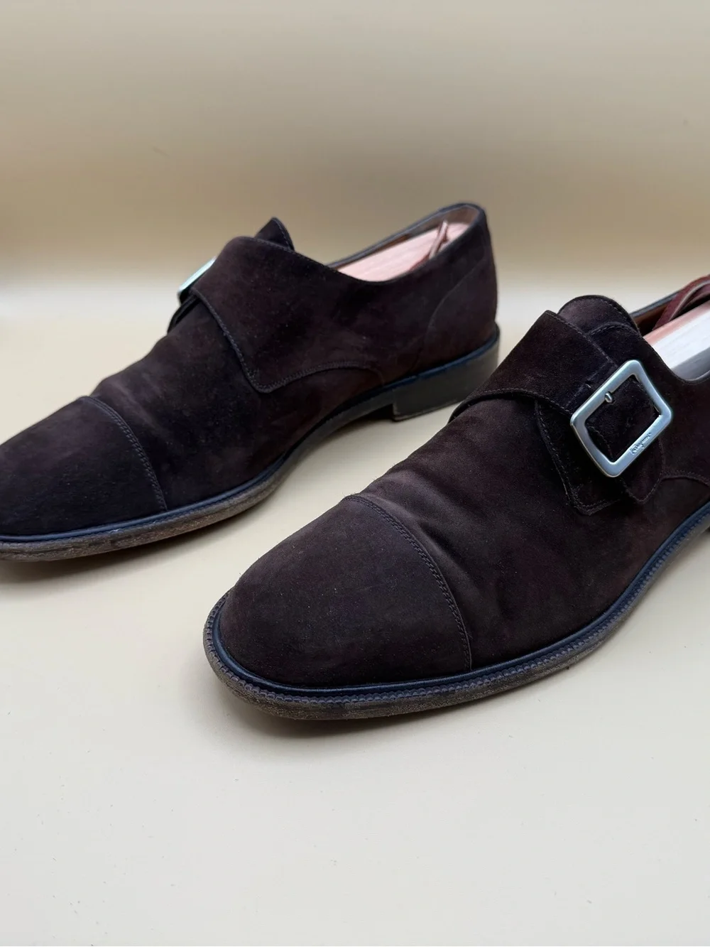 Salvatore Ferragamo Studio Brown Suede Single Monk Strap Shoes Box COA 8 D